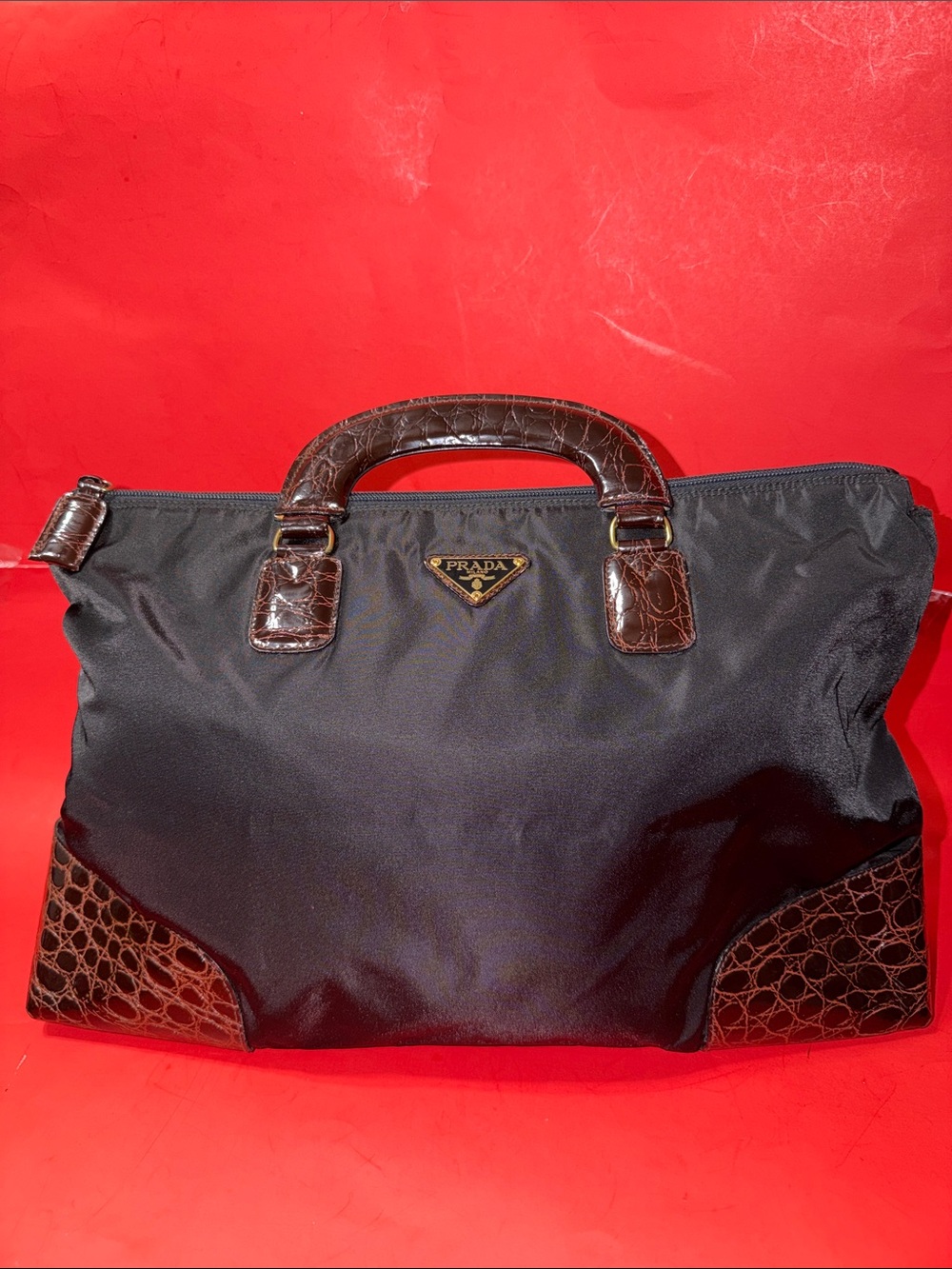 Prada Black Nylon Briefcase with Brown Croc-Effect Leather Trim